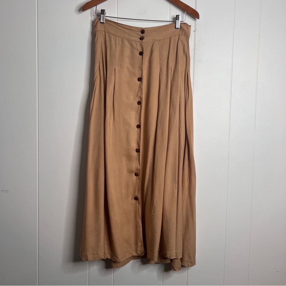 Vtg Hunters Club Tan A-Line Button Front Skirt Pleated Rayon Size 12